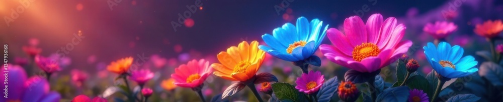 Fototapeta premium Colorful digital flowers blooming in a futuristic environment, design, modern