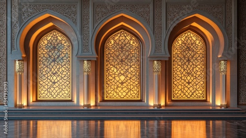 Illuminated Islamic Archway With Intricate Glasswork photo