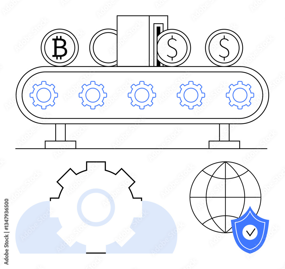 Obraz premium Cryptocurrency and dollar coins moving on a conveyor belt with gears and global security shield. Ideal for finance, blockchain, automation, investments, fintech, digital payment, global trade. Flat