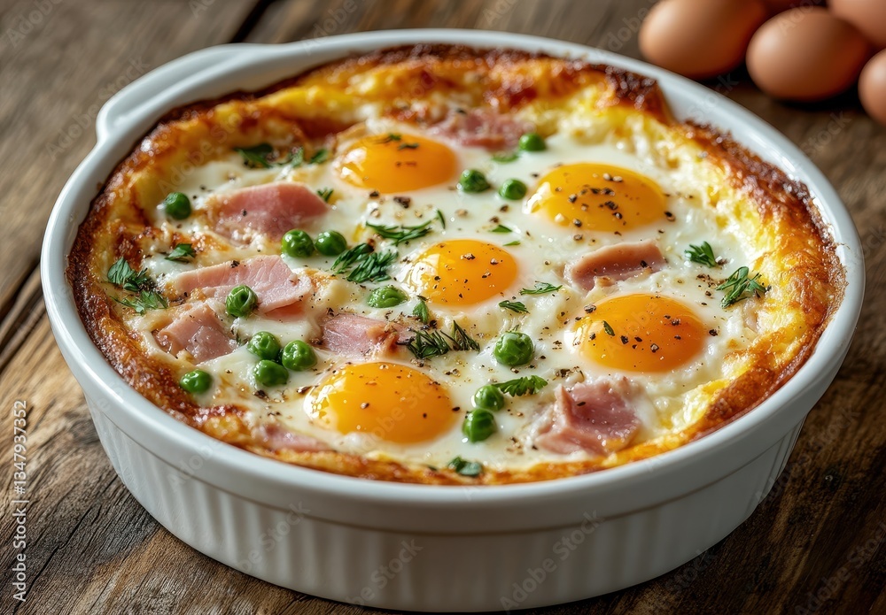 Breakfast casserole with eggs, ham, green peas, and fresh herbs baked to perfection in a white dish on a wooden table with eggs in the background Breakfast casserole with eggs, ham, green peas, and fresh herbs baked to perfection in a white dish on a wooden table with eggs in the background