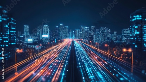 A futuristic city highway with streams of glowing traffic lights