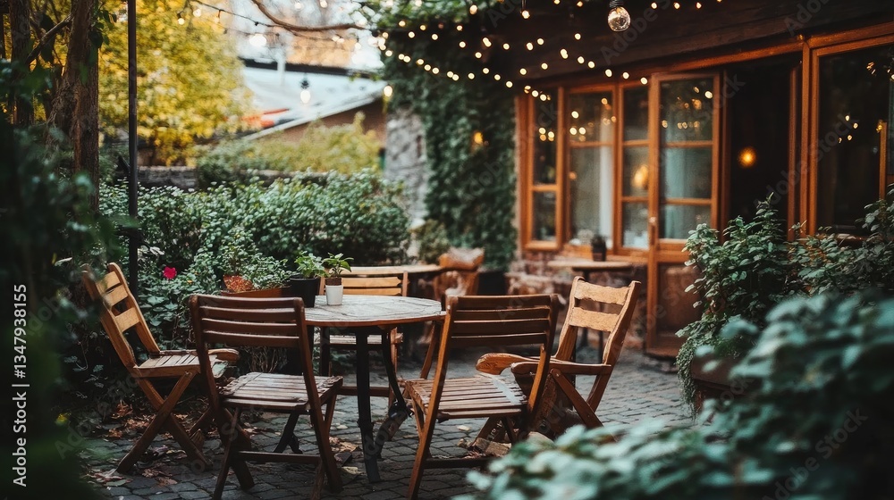 Obraz premium A cozy outdoor coffee shop seating area with wooden chairs, fairy lights, and greenery.