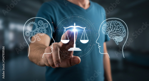 Person in a blue shirt interacting with digital scales and brain icons, representing the balance between logic, decision-making, law, and ethics in professional and personal development.

