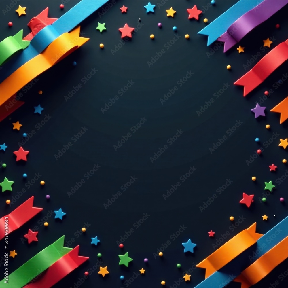 Fototapeta premium Dark background with colorful banners and ribbons arranged in a geometric pattern, Decoration, Design