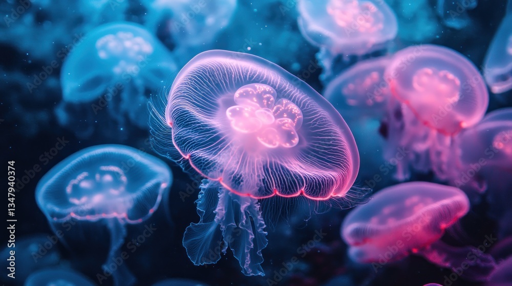 Glowing jellyfish in vibrant hues. Jellyfish clustered together in water, showcasing delicate, translucent bodies Glowing jellyfish in vibrant hues. Jellyfish clustered together in water, showcasing delicate, translucent bodies