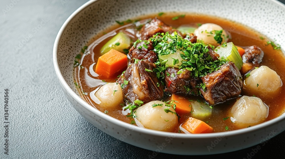Delicious beef stew served in a speckled ceramic soup bowl Delicious beef stew served in a speckled ceramic soup bowl