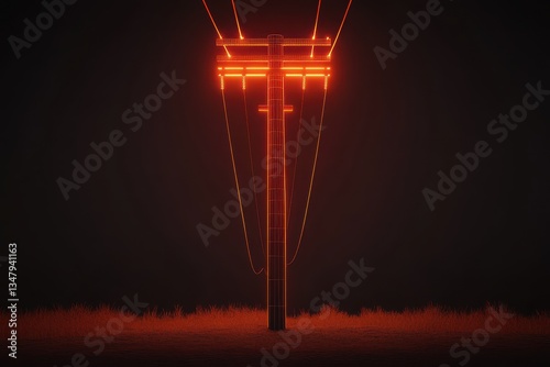 Neon Glow of Electric Pole with Wires in Dark Environment Night