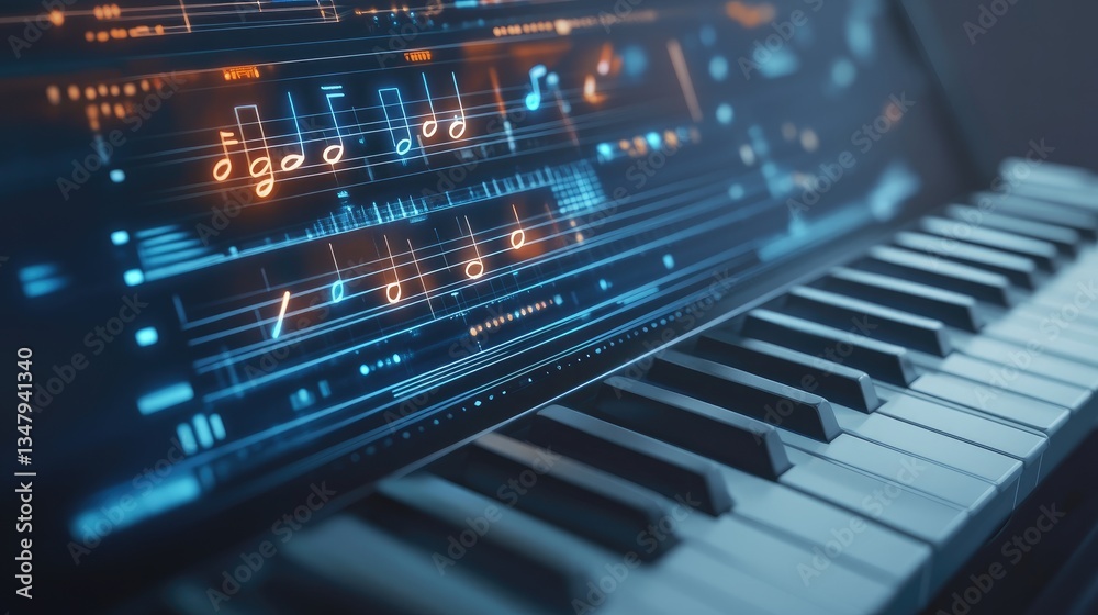 A futuristic digital keyboard with holographic music notes floating above the keys. A futuristic digital keyboard with holographic music notes floating above the keys.