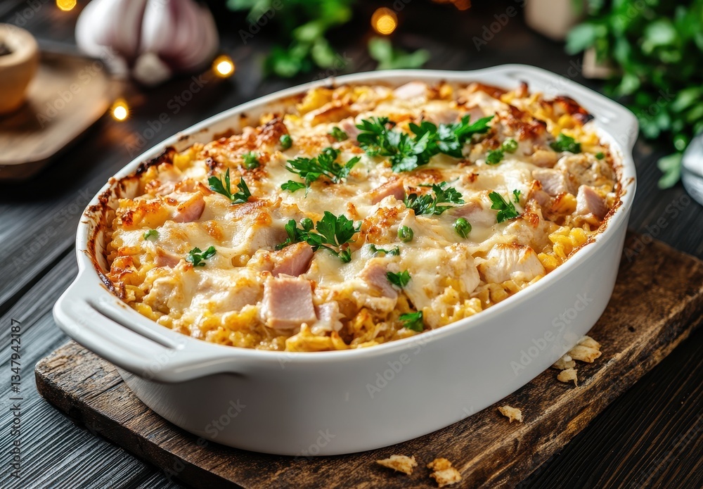 Creamy Baked Casserole with Chicken, Broccoli, Cheese, and Herbs in a White Dish on a Wooden Board Surrounded by Fresh Ingredients and Decor Lights Creamy Baked Casserole with Chicken, Broccoli, Cheese, and Herbs in a White Dish on a Wooden Board Surrounded by Fresh Ingredients and Decor Lights