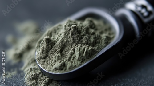 Wallpaper Mural Dark green powder in a metal scoop.  Close-up shot of a scoop filled with a dark green, finely ground powder.  The powder is piled high, and some spilled on a dark gray surface Torontodigital.ca