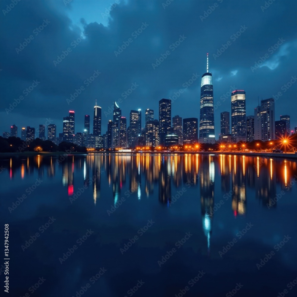 Fototapeta premium Darkened cityscape with twinkling streetlights and skyscrapers reflected in a calm lake, city lights, urban scene