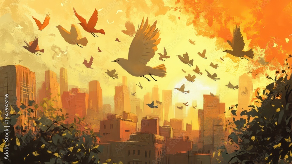 Obraz premium Majestic flight of birds over urban skyline at sunset digital art serene cityscape vibrant colors wide angle nature's freedom