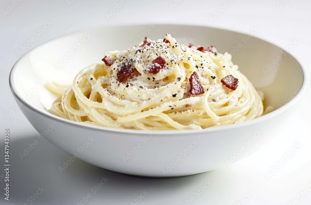 Creamy Spaghetti with Bacon Bits and Black Pepper Served in a White Bowl Ready for Gourmet Dining Experience Creamy Spaghetti with Bacon Bits and Black Pepper Served in a White Bowl Ready for Gourmet Dining Experience
