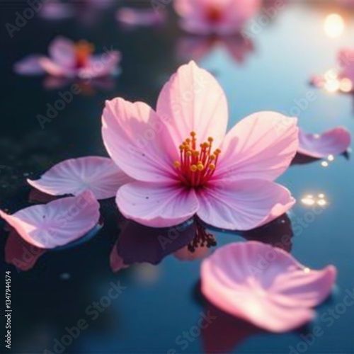 delicate pink sakura petals floating in serene water, serenity, gentle, abstract background