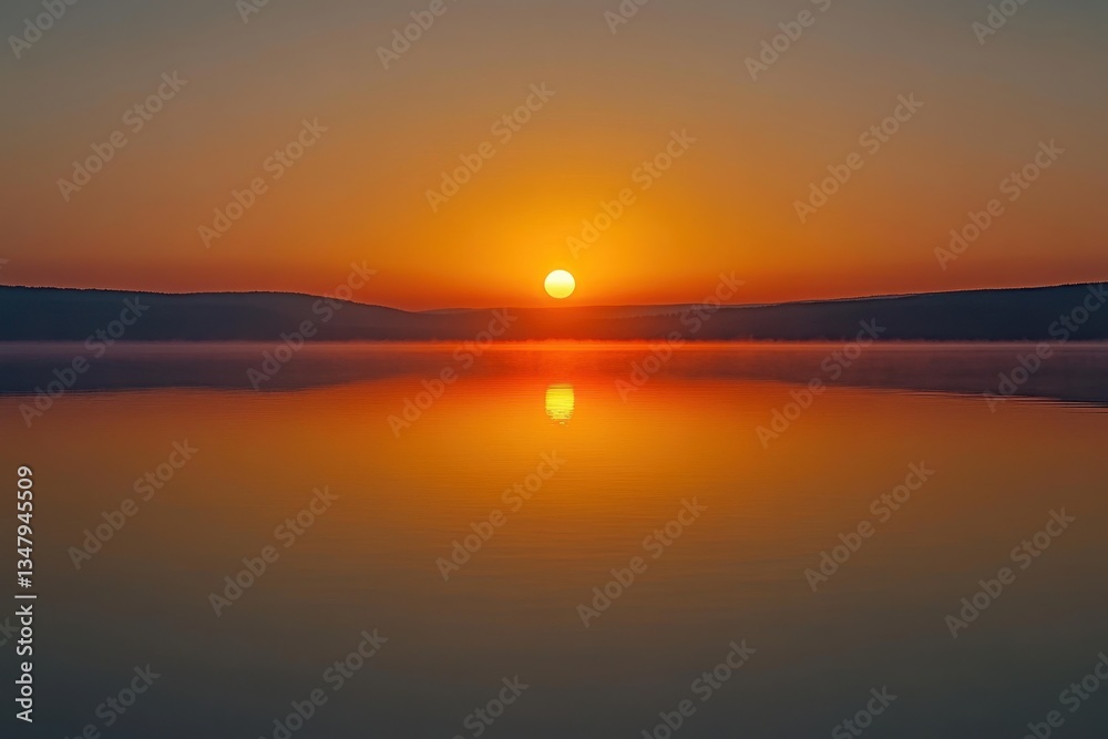 Obraz premium Serene Sunset Reflection Over Calm Water Landscape at Dusk
