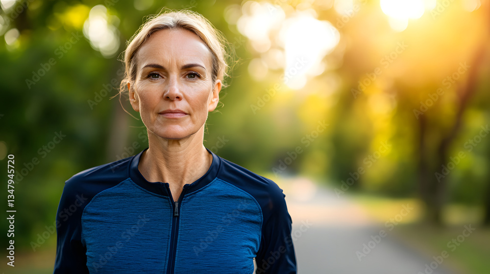 Confident Middle-Aged Female Runner in Nature Park with Bright Sunlight Background Confident Middle-Aged Female Runner in Nature Park with Bright Sunlight Background