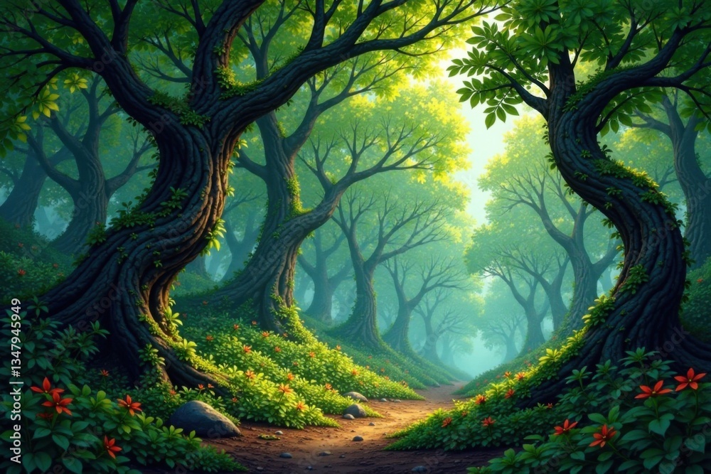 Fototapeta premium Dense forest with twisted tree trunks and overgrown underbrush, foliage, darkness