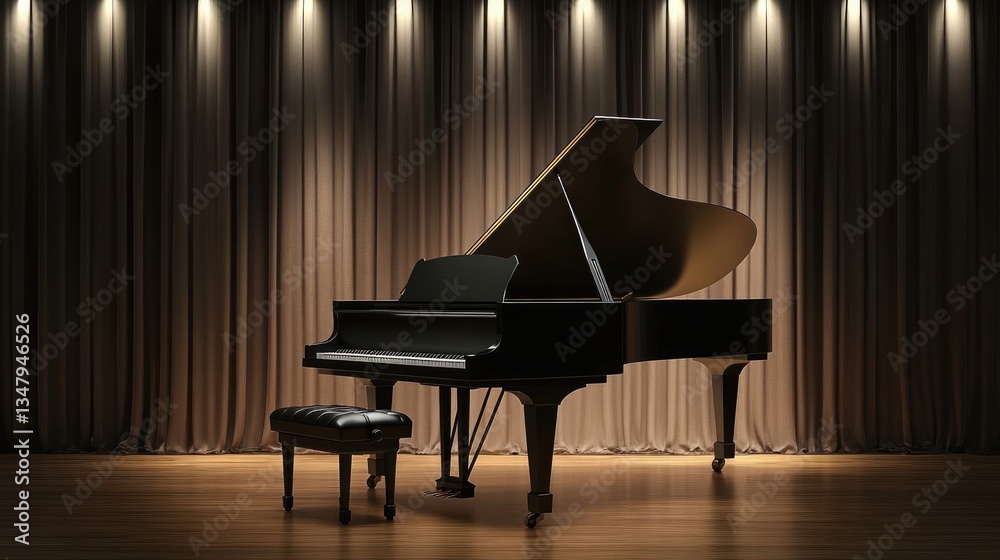 A majestic black grand piano on a polished wooden stage under warm spotlight illumination.