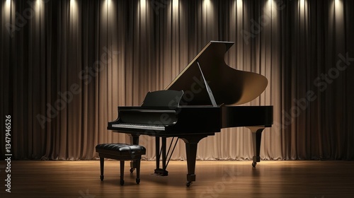 Obraz na płótnie A majestic black grand piano on a polished wooden stage under warm spotlight illumination. w salonie