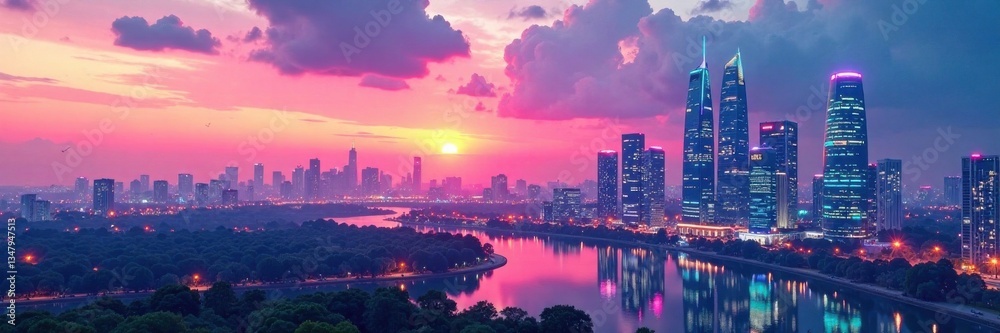 Fototapeta premium Futuristic cityscape at dusk with sleek skyscrapers and neon lights, set against a white futuristic background , urban, , futurism