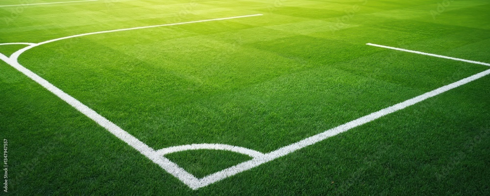 Obraz premium Green football field with white line. Turf grass texture. Sport competition, championship, tournament background. Soccer, football game, arena, stadium. Abstract sport banner, copy space.
