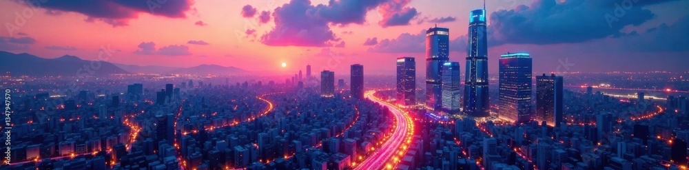 Fototapeta premium Futuristic cityscape at dusk with towering skyscrapers and neon lights, technology, cityscape, futuristic