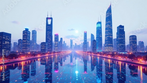 Futuristic cityscape at night with sleek skyscrapers and neon lights reflected in a vast white background, futuristic, architecture, skyscraper