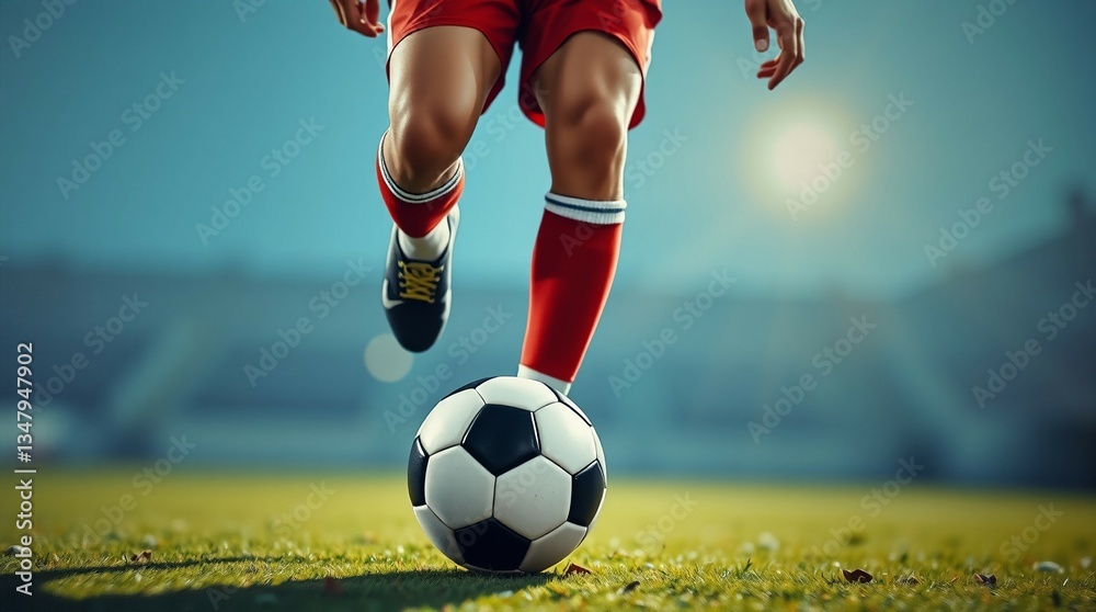 Fototapeta premium Close-Up Action Shot of Soccer Player Dribbling Ball on Grass Field Under Stadium Lights
