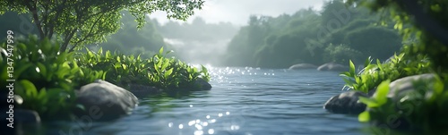 A serene river scene surrounded by lush greenery, with sunlight reflecting off the water, creating a peaceful and tranquil atmosphere.