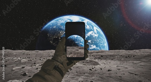 Astronaut selfie on moon - capturing Earth with smartphone - space exploration and digital age