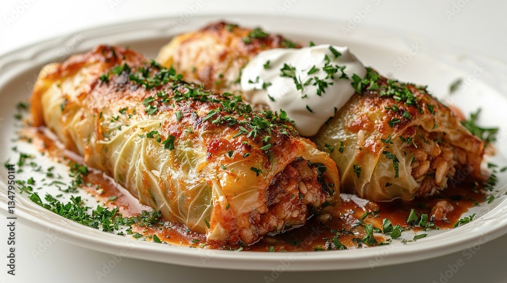 Appetizing plate of cabbage rolls with savory tomato sauce and herbs Appetizing plate of cabbage rolls with savory tomato sauce and herbs