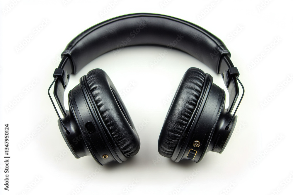 Black headphones with a sleek leather finish, resting on a white table next to a smartphone and green potted plant. Black headphones with a sleek leather finish, resting on a white table next to a smartphone and green potted plant.