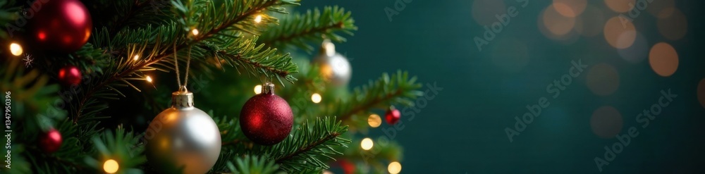 Evergreen Christmas tree with ornaments and lights, holiday season, christmas tree, Evergreen Christmas tree with ornaments and lights, holiday season, christmas tree,