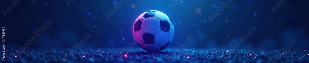 Naklejka premium Glowing neon soccer ball suspended in mid-air over blue background, neon, ball, glowing