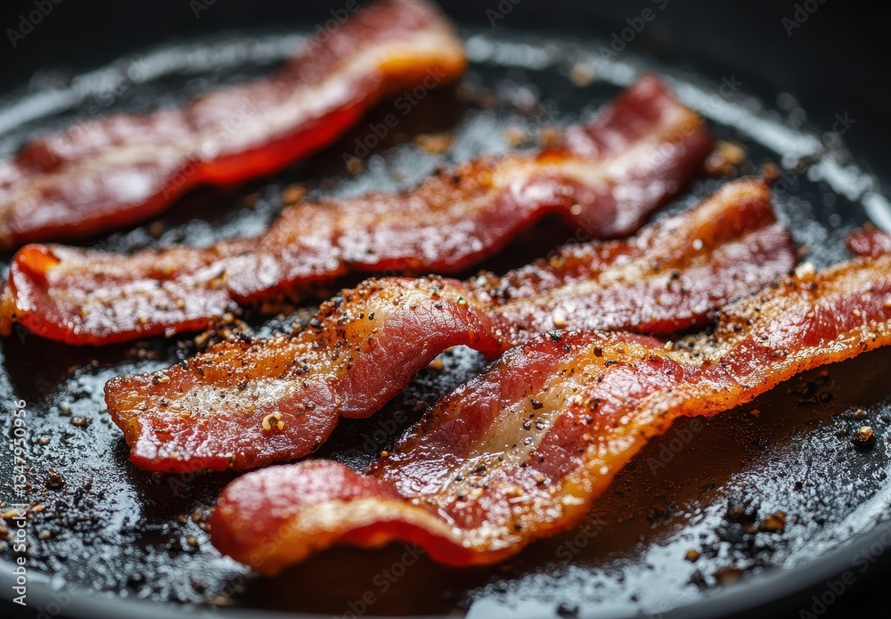 Crispy Cooked Bacon Strips on Black Plate with Seasoning and Grease, Perfect for Breakfast or Culinary Presentation