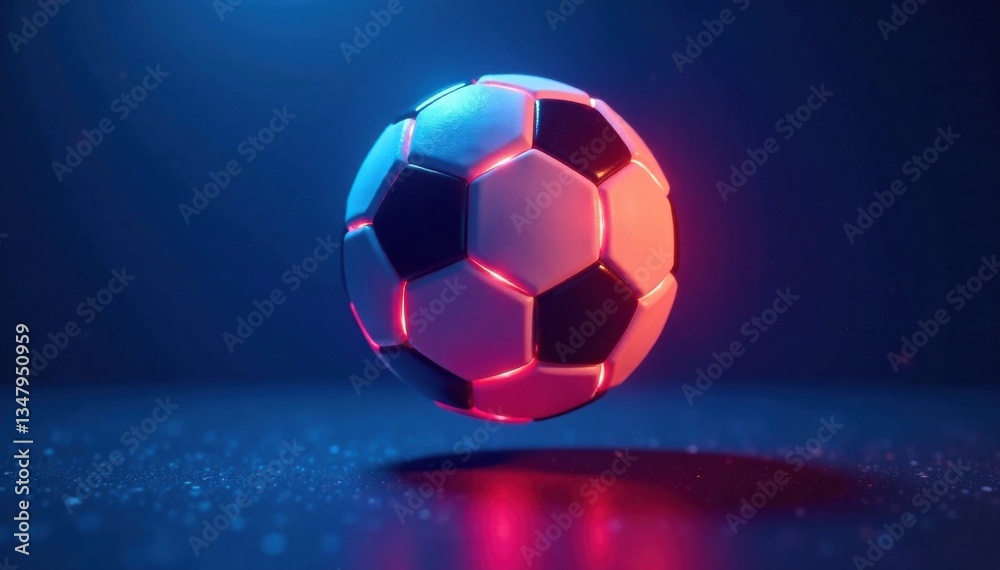 Naklejka premium Glowing neon soccer ball suspended in mid-air over blue background, vibrant colors, soccer ball, glowing