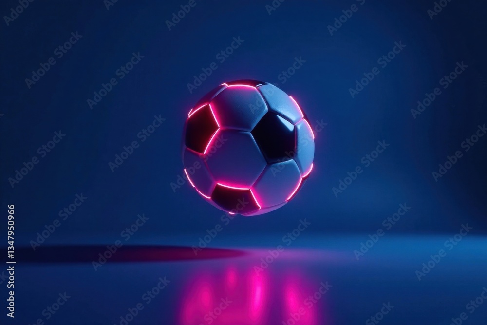 Naklejka premium Glowing neon soccer ball suspended in mid-air over a deep blue background with subtle gradient effect, soccer ball, abstract, lighting effects