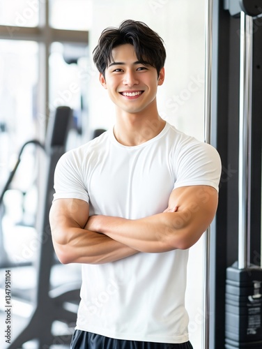 日本人 男性 ムキムキ 筋肉 パーソナル トレーナー スマイル ジム バストショット 灰色 白 背景