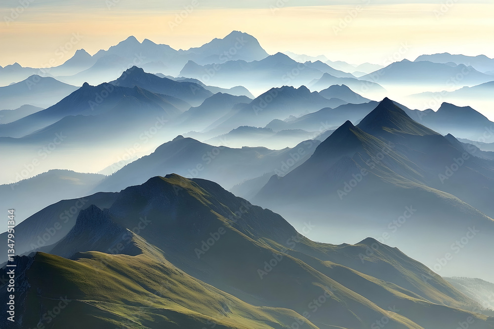 Fototapeta premium Mountain peaks covered in mist create a serene and picturesque landscape