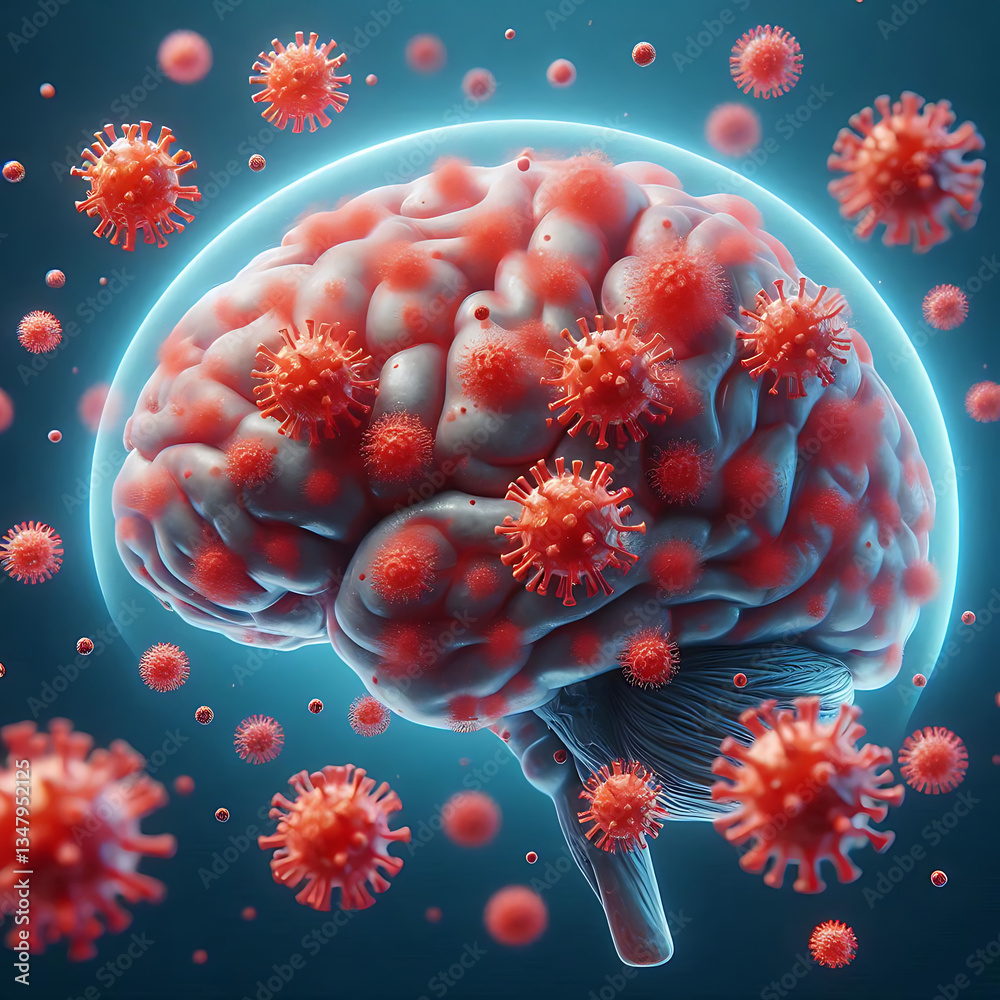 Obraz premium Human head and microscope on abstract scientific Virus infection in human brain concept. 3d illustration