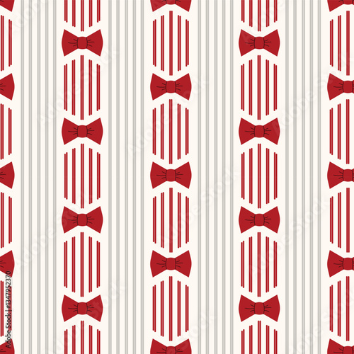 Cherry Red Bows with Cherry Red and Silver Gray Vertical Stripes on a Pale Gray background creating a seamless pattern print background