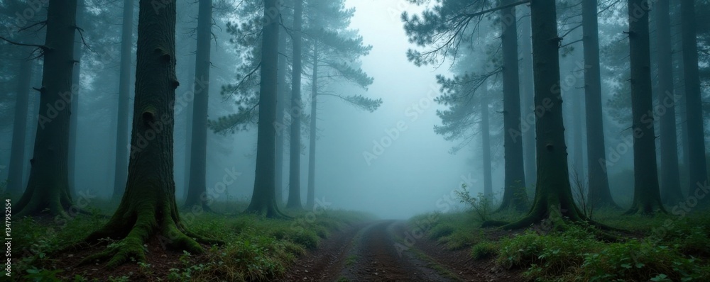 Naklejka premium Foggy forest with old-growth firs and misty atmosphere, fog, nature