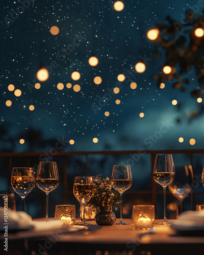 romantic dinner table setting under a starry sky with wine glasses and candles