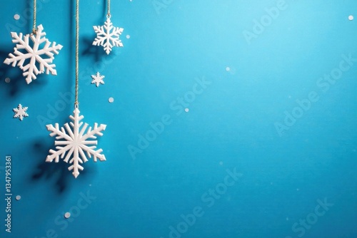 Hanging snowflakes on blue wall, Blue Background, Snowflakes, Winter