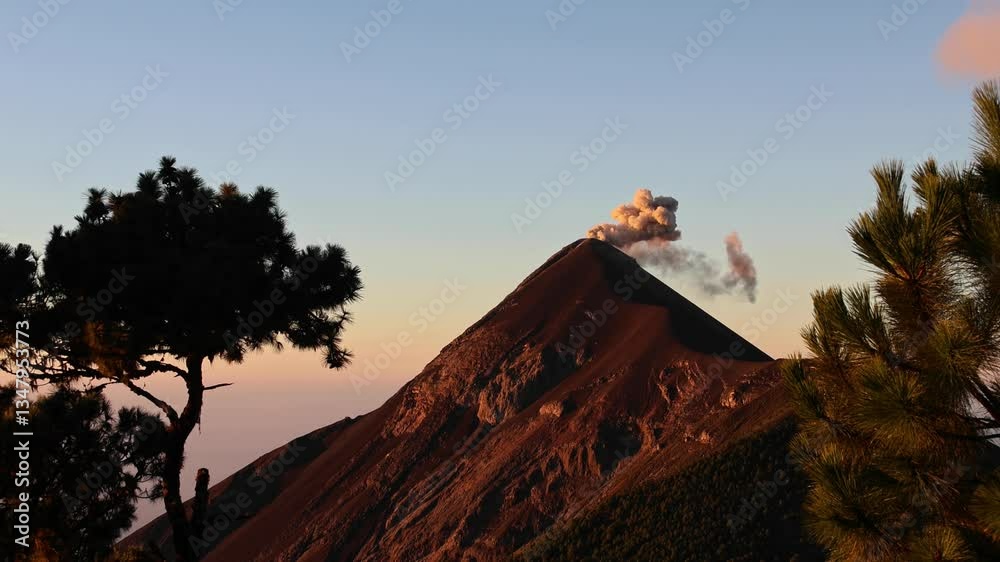 view of fuego volcano peak with smoke rising recent eruption (erupting volcanic ash lava fire) active seismic geothermal activity in antigua guatemala with trees (pyroclastic flow) hike acatenango