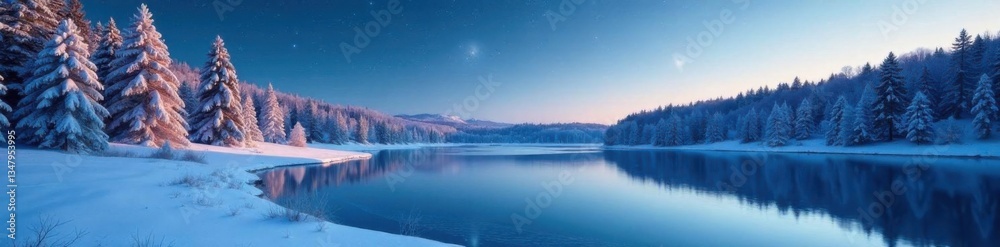 Frozen Lake with Snow-covered Trees and Stars, trees, serene atmosphere Frozen Lake with Snow-covered Trees and Stars, trees, serene atmosphere