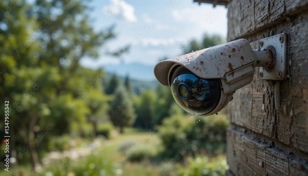 Outdoor Security Camera on Wooden Fence Rain Nature Background Outdoor Security Camera on Wooden Fence Rain Nature Background
