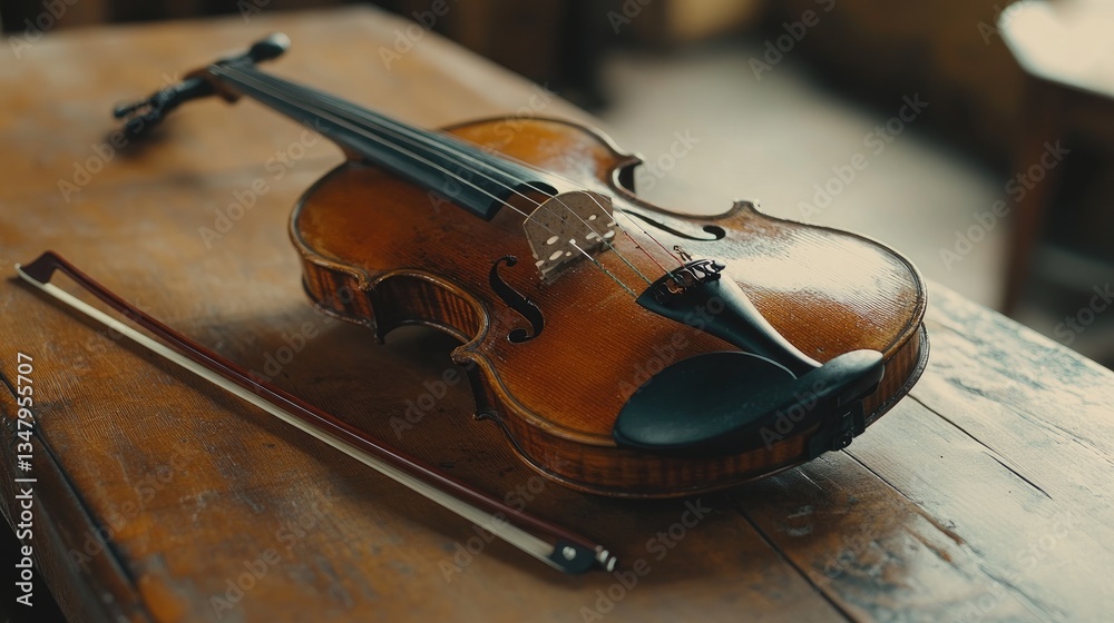 Fototapeta premium A violin resting on an antique wooden table, with its bow placed gently beside it.