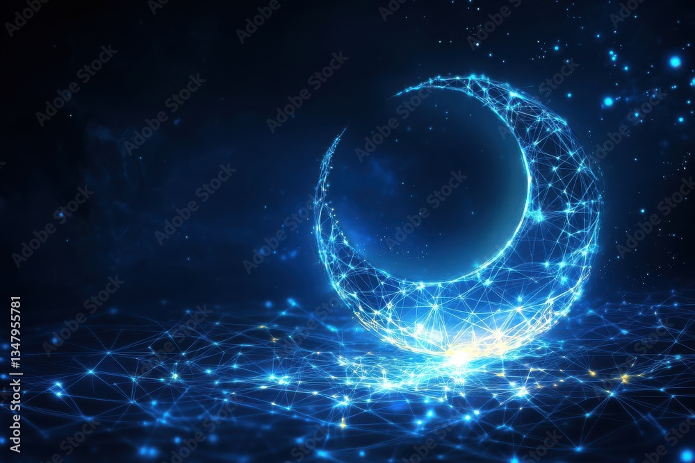 Digital Moon with Connecting Lines and Stars in Dark Cosmic Space Digital Moon with Connecting Lines and Stars in Dark Cosmic Space
