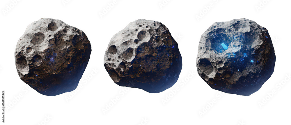 Three asteroids with a rocky texture and glowing blue minerals, showcasing intricate details against a white background. Three asteroids with a rocky texture and glowing blue minerals, showcasing intricate details against a white background.